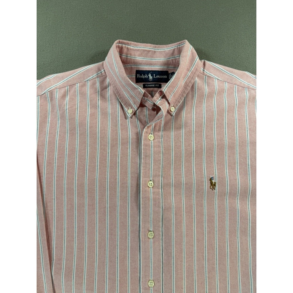 Ralph Lauren Mens 16 Pink White Striped Classic Fit Button Down L/S Shirt 32/33